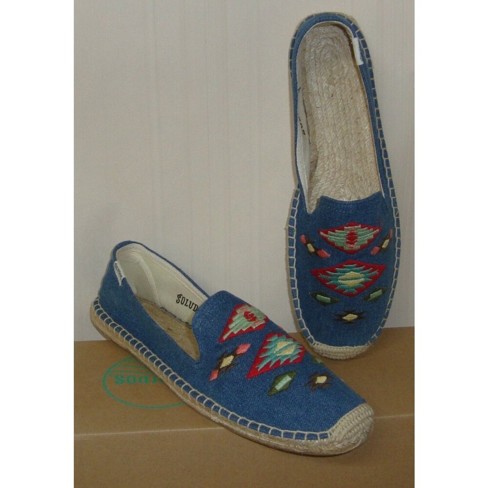 Soludos Smoking Slipper Thunder Bird Embroidery Denim Blue Slip On Shoes Size 10
